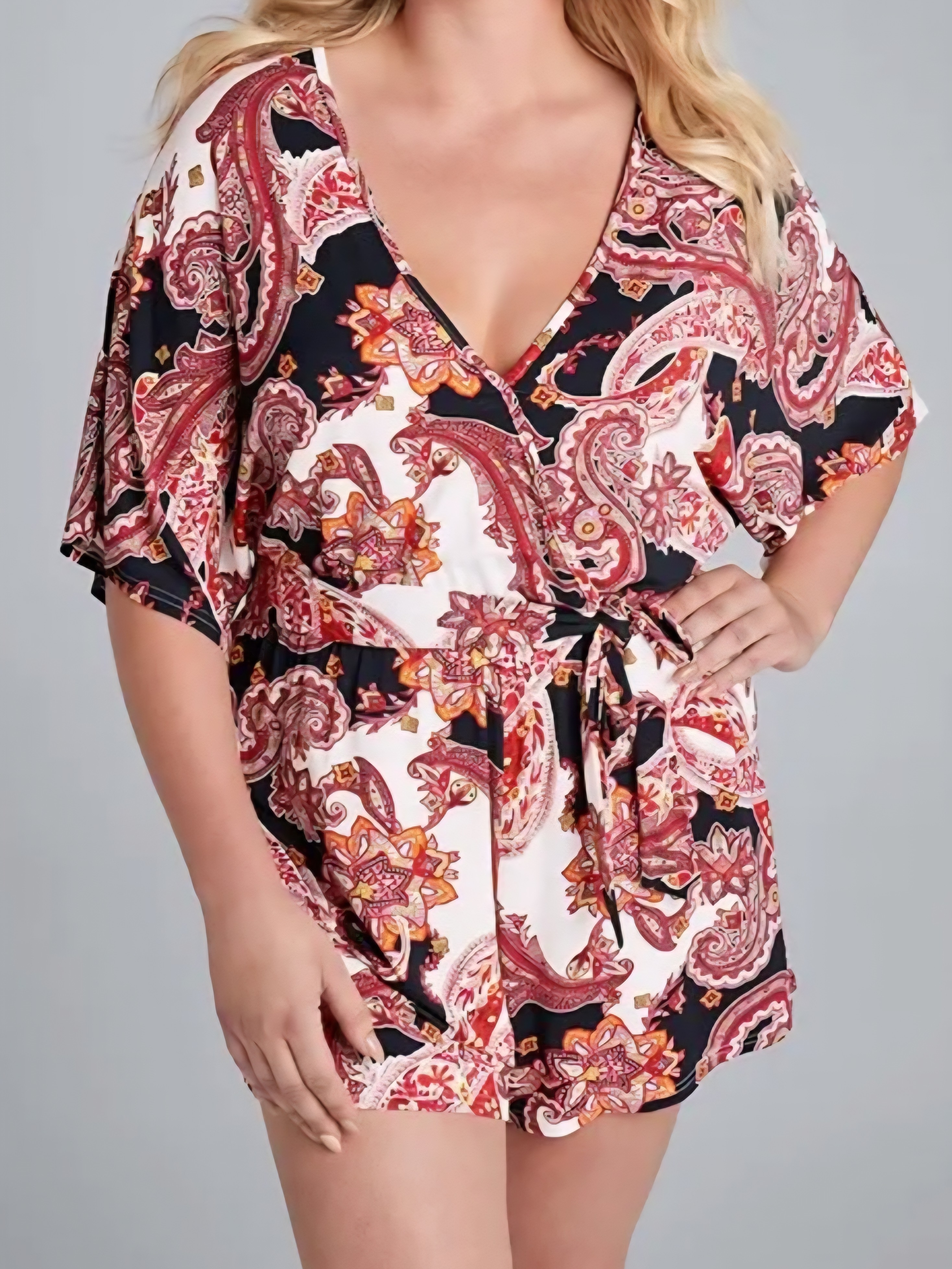 Venus Paisley Faux Wrap Dolman Sleeve Deep V Neck Romper Sz L